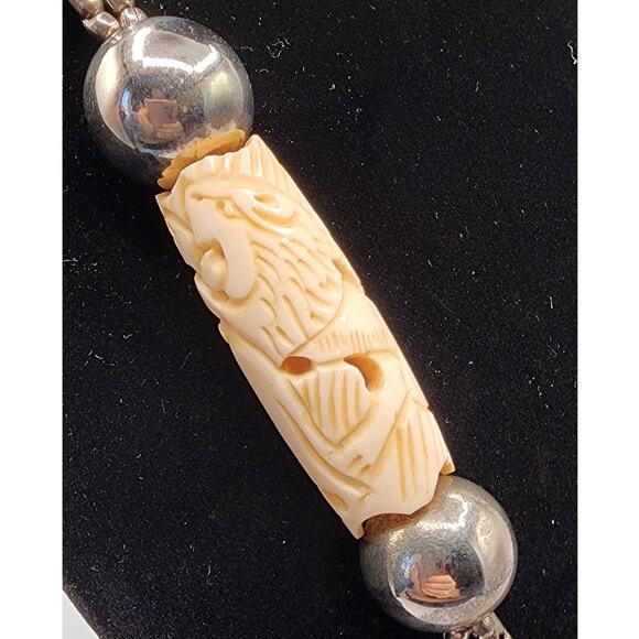 Tribal Necklace Bovine Hairpipe Beads Wood Metal Carved Lion Attacking Elephant - Picture 4 of 7